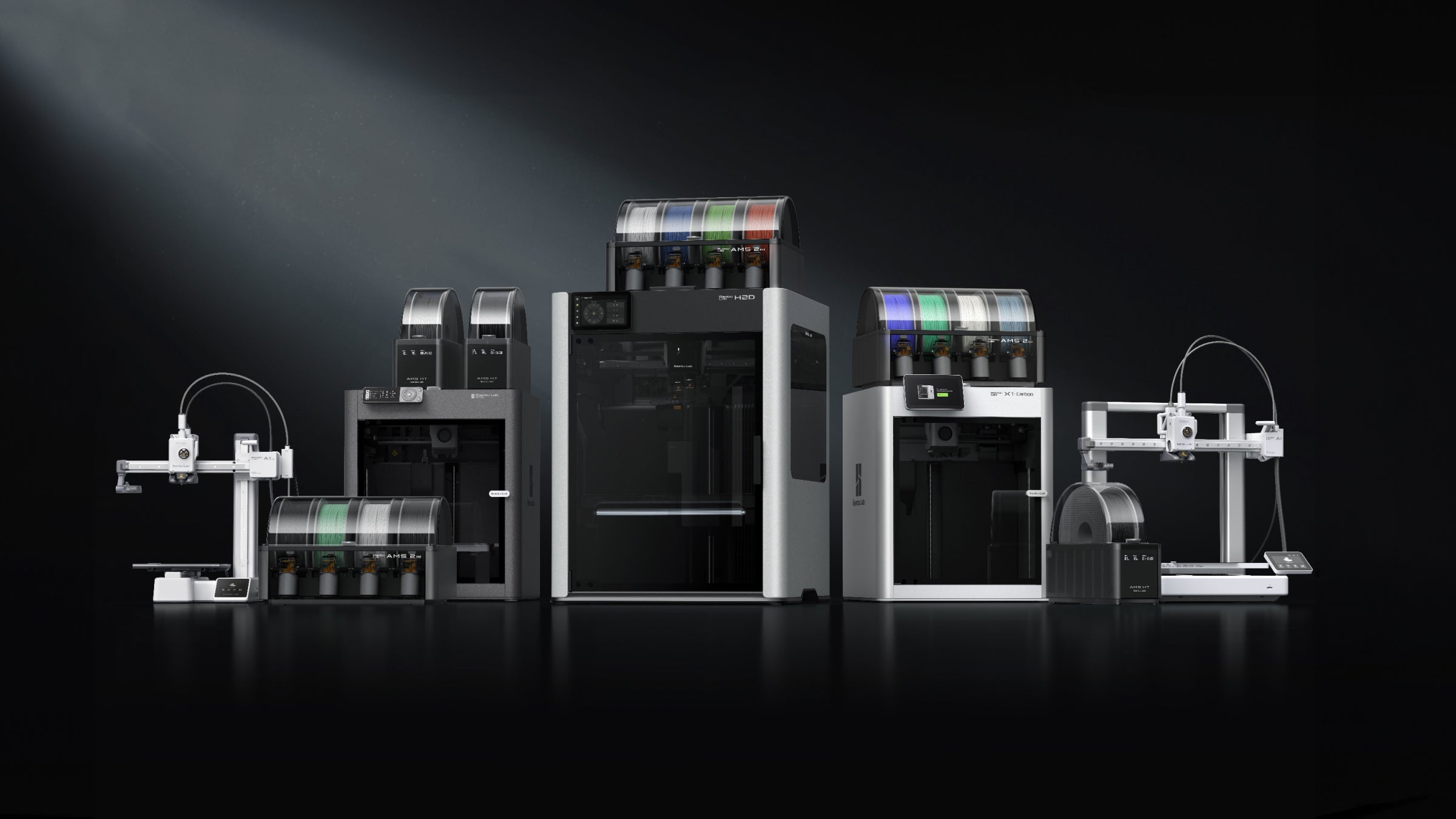 Bambu Lab 3D printer lineup with AMS multi-material systems and complete model range