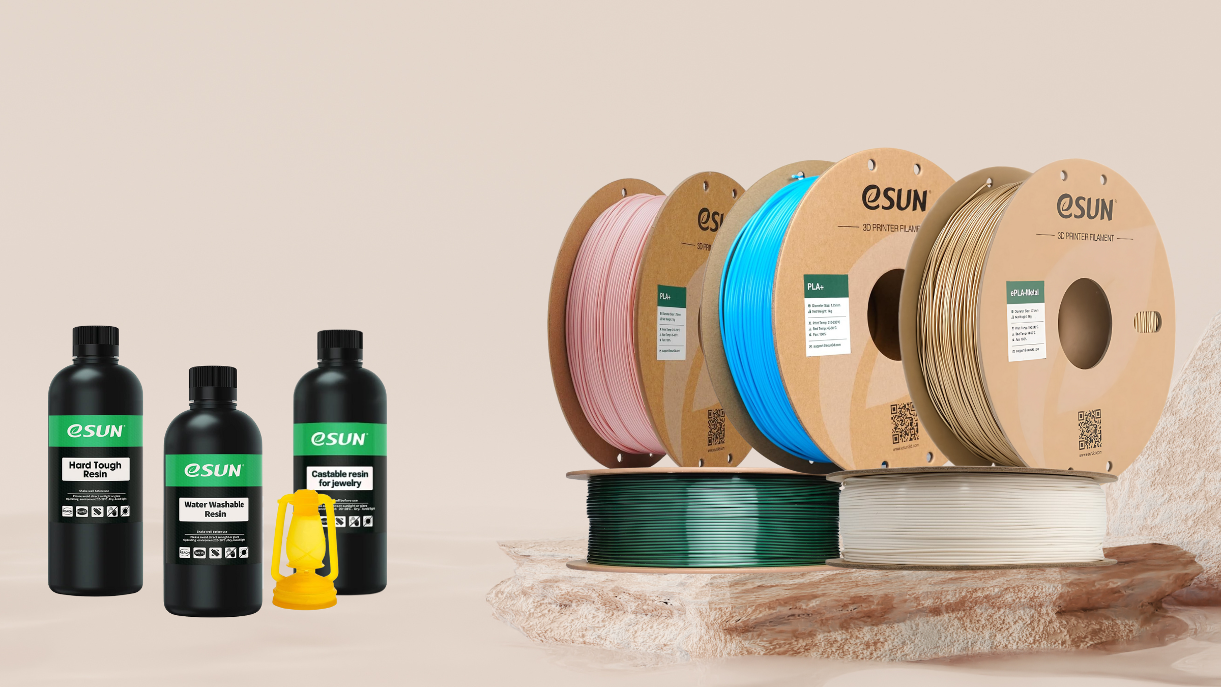 eSUN resins and filament collection - Standard Plus resin bottles with colorful PLA spools