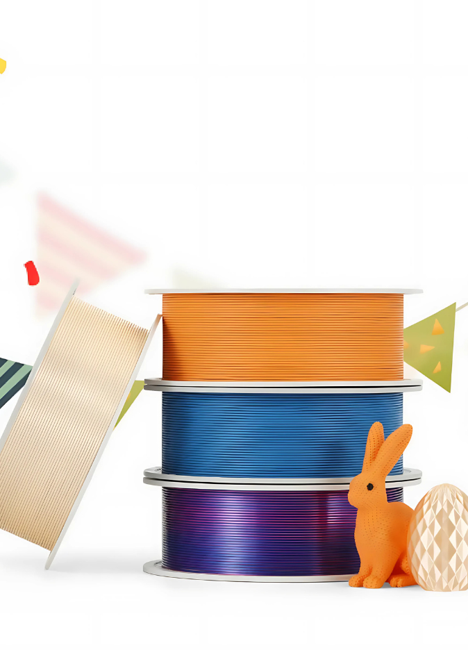 Premium 3D printer filament in vibrant colors with high-quality printed sample models