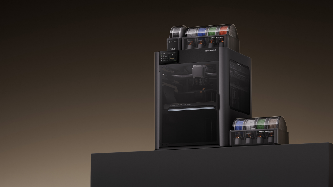 Bambu Lab H2C professional 3D printer featuring Vortek hotend and dual AMS systems