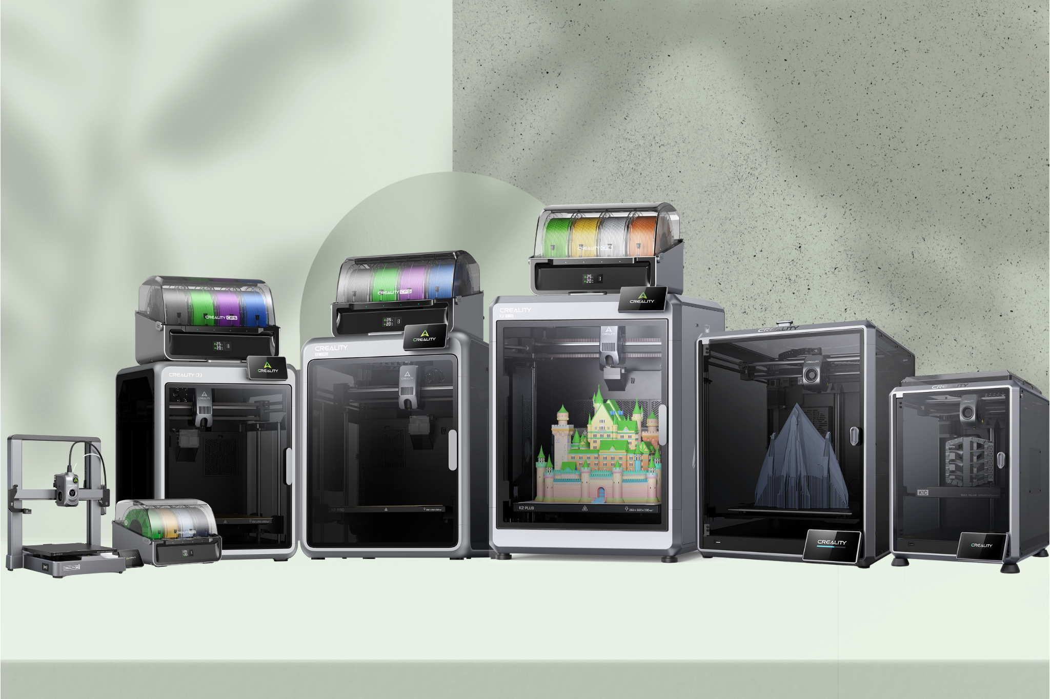 Complete Creality 3D printer family featuring enclosed models with Creality Filament Systems
