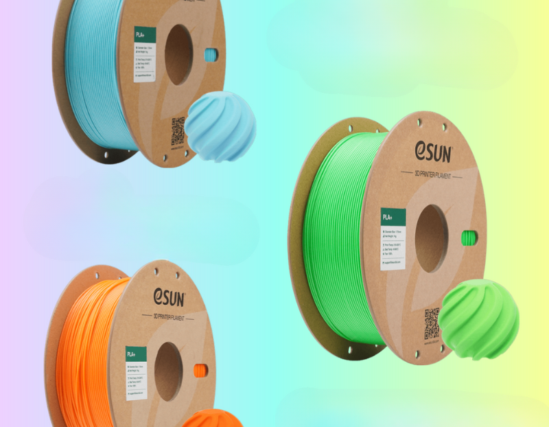eSUN PLA 3D printer filament spools showing vibrant colors and quality print samples